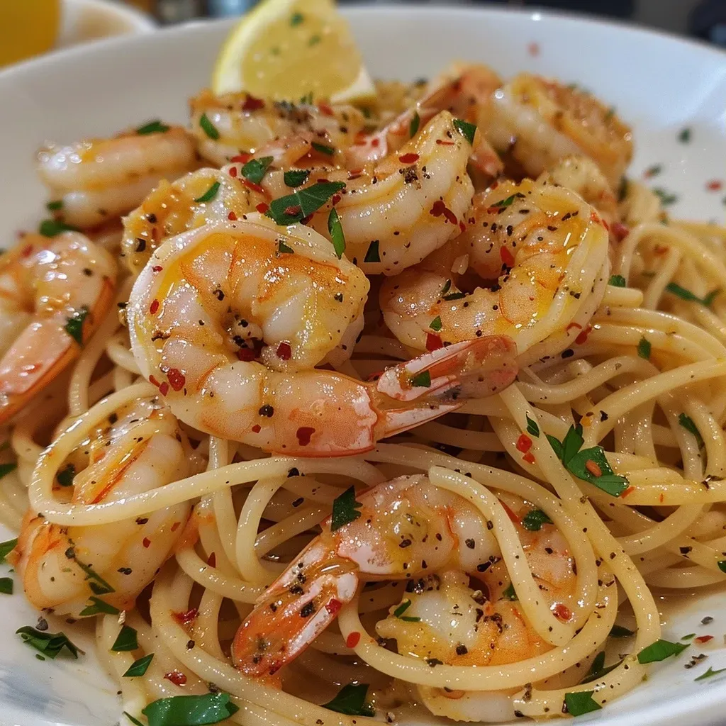 ['Pasta con camarones al ajo servida en un plato.', 'Espaguetis con camarones y salsa de ajo en primer plano.', 'Tazón de pasta con grandes camarones y hierbas frescas.', 'Platos de pasta con camarones al ajo y parmesano.']