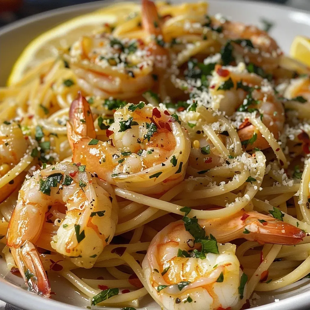 Pasta con camarones al ajo servida en un plato.