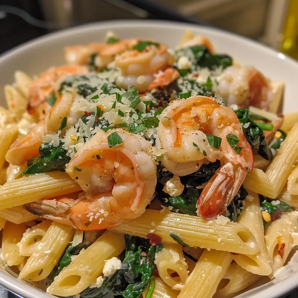 ['Placa de pasta penne con camarones y espinacas.', 'Primer plano de un plato de pasta con mariscos y verduras.', 'Pasta con camarones, espinacas y queso en una presentación apetitosa.', 'Tazón de penne con camarones y espinacas, listo para servir.']