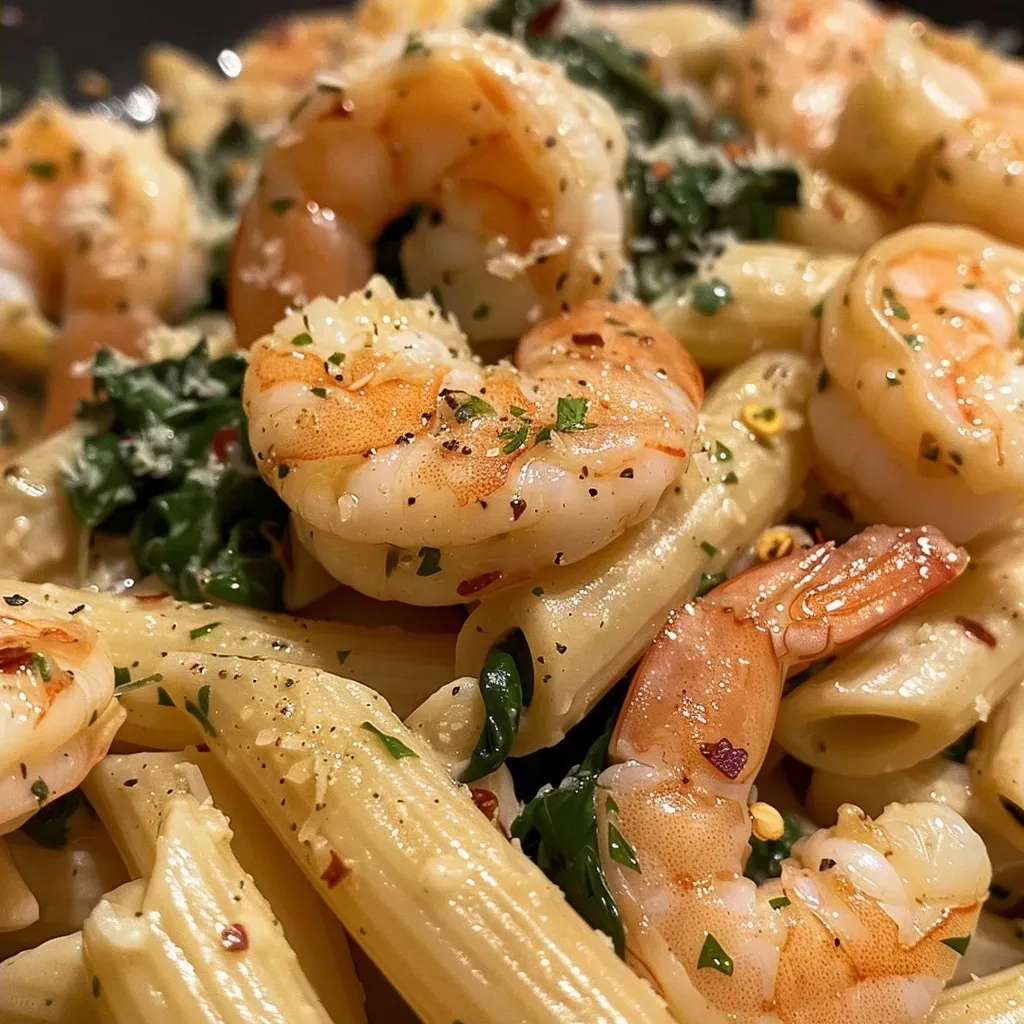 ['Placa de pasta penne con camarones y espinacas.', 'Primer plano de un plato de pasta con mariscos y verduras.', 'Pasta con camarones, espinacas y queso en una presentación apetitosa.', 'Tazón de penne con camarones y espinacas, listo para servir.']
