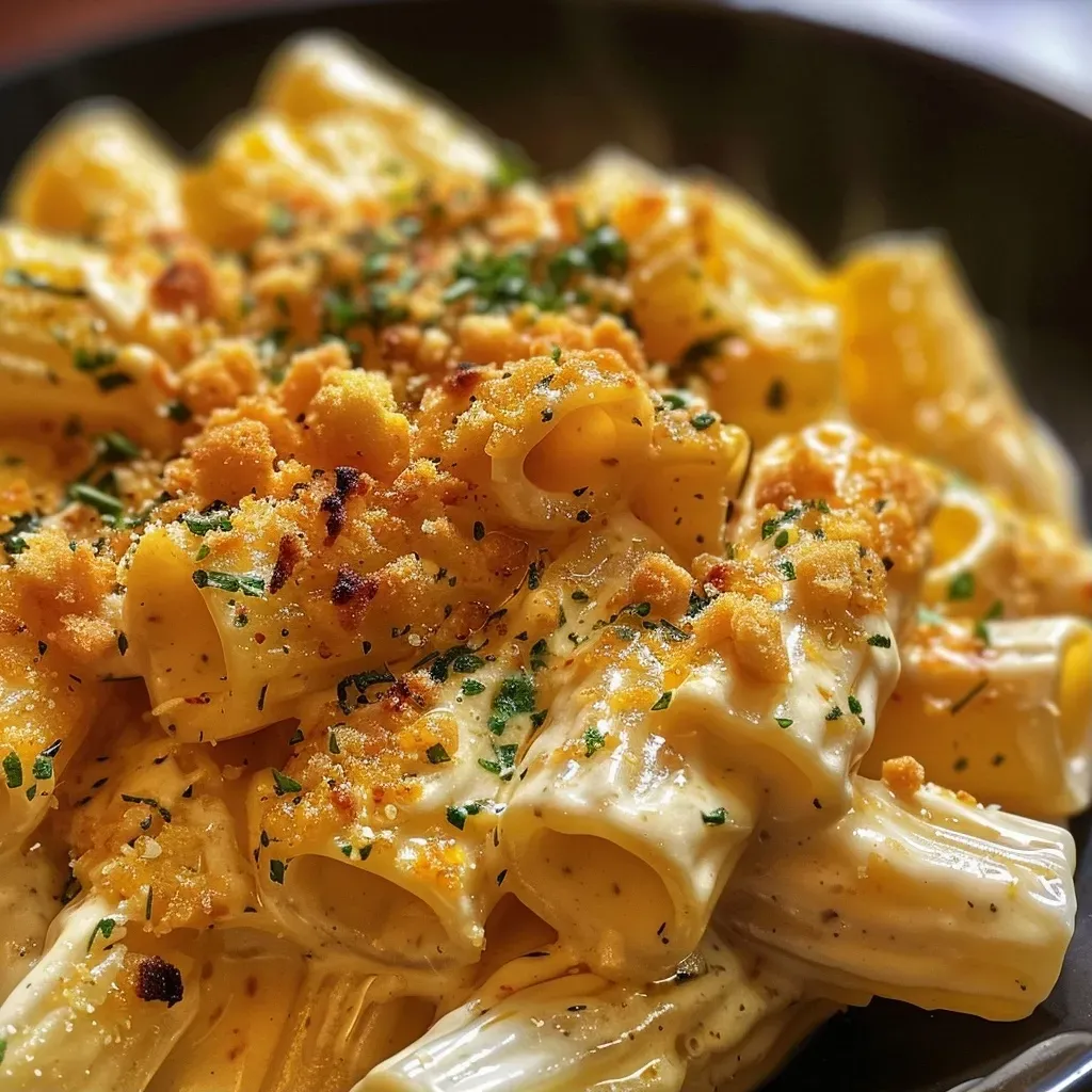 ['Primer plano de pasta rigatoni con crema de calabaza, decorada con nueces.', 'Pasta con salsa de calabaza, cebolla y queso gorgonzola, vista lateral.', 'Plato de pasta con crema de calabaza y nueces, acompañado de perejil.', 'Pasta rigatoni con una cremosa salsa de calabaza, dispuesta en un plato.']