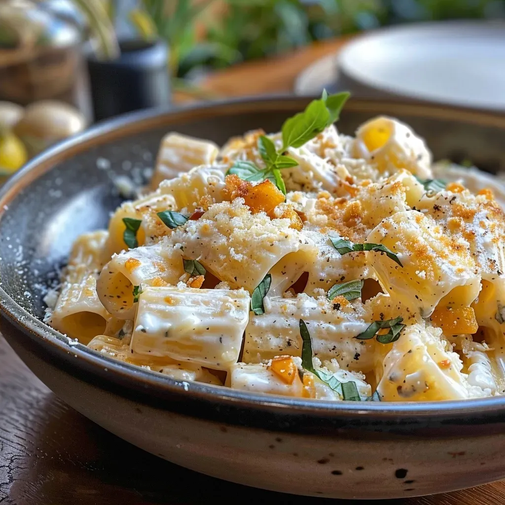 Primer plano de pasta rigatoni con crema de calabaza, decorada con nueces.