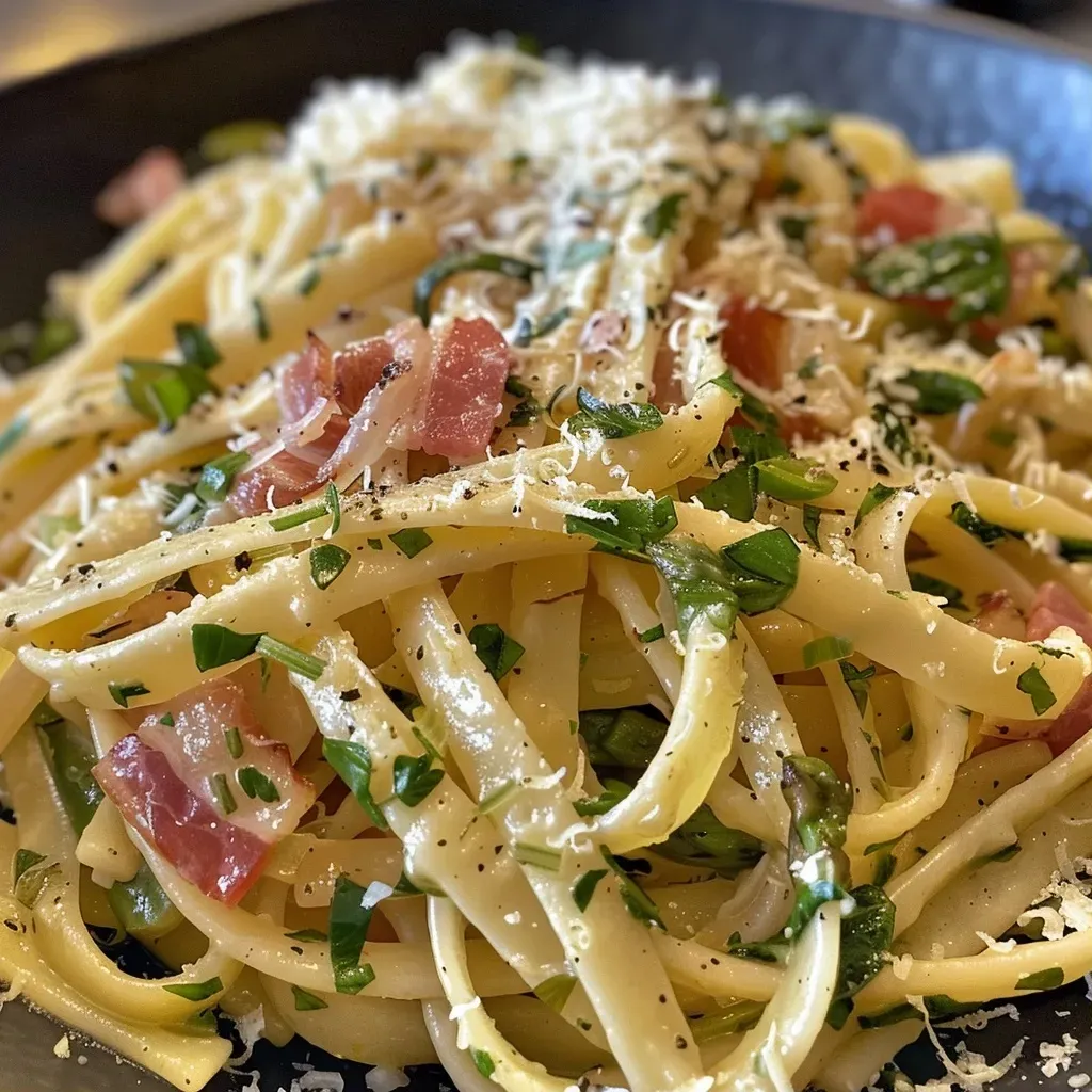 ['Pasta con espárragos y panceta, vista lateral.', 'Primer plano de pasta con espárragos y panceta.', 'Plato de pasta con ingredientes frescos como espárragos y panceta.', 'Linguine con espárragos y panceta, presentación atractiva.']