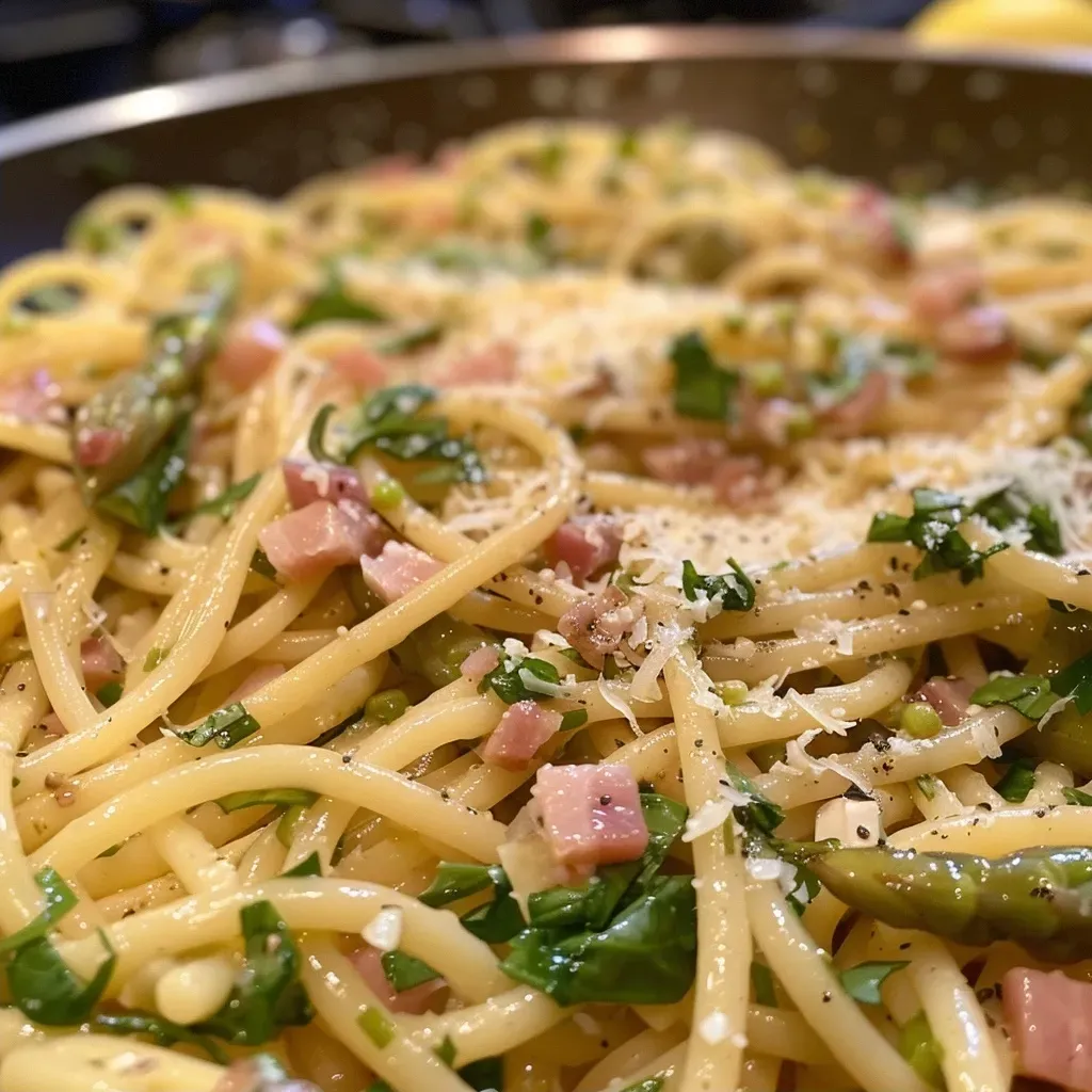 Pasta con espárragos y panceta, vista lateral.