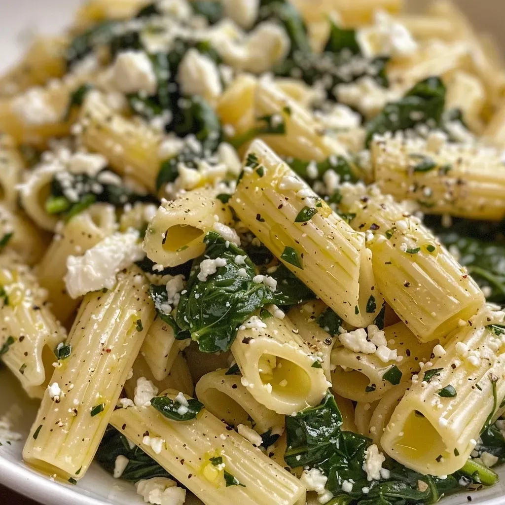 ['Plato de pasta con espinacas y queso feta, con ingredientes frescos.', 'Pasta cremosa con espinacas y feta en un bol, vista lateral.', 'Primer plano de pasta con espinacas y queso feta, decorada con limón.', 'Tazón de pasta con espinacas y feta, resaltando su cremosidad.']