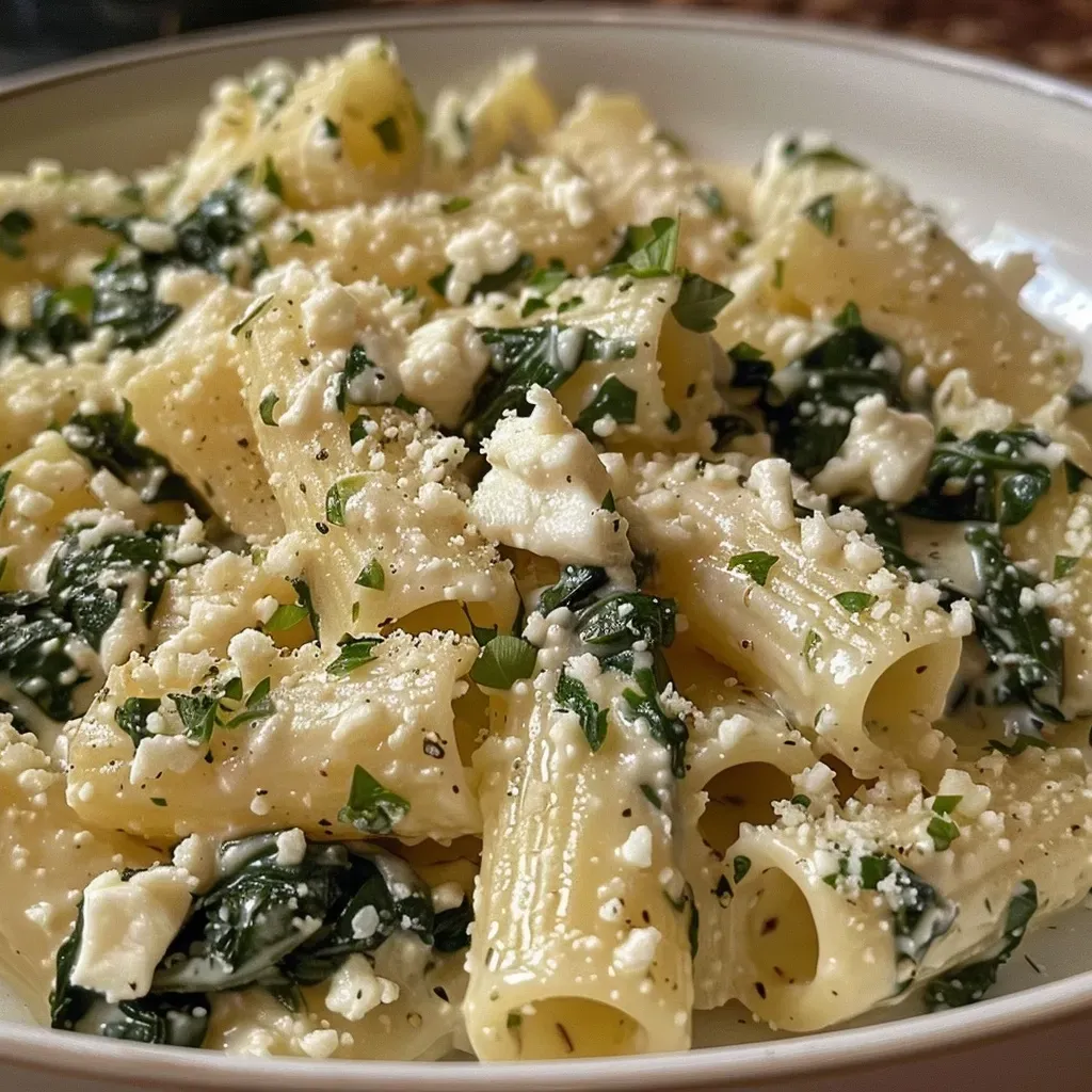 ['Plato de pasta con espinacas y queso feta, con ingredientes frescos.', 'Pasta cremosa con espinacas y feta en un bol, vista lateral.', 'Primer plano de pasta con espinacas y queso feta, decorada con limón.', 'Tazón de pasta con espinacas y feta, resaltando su cremosidad.']