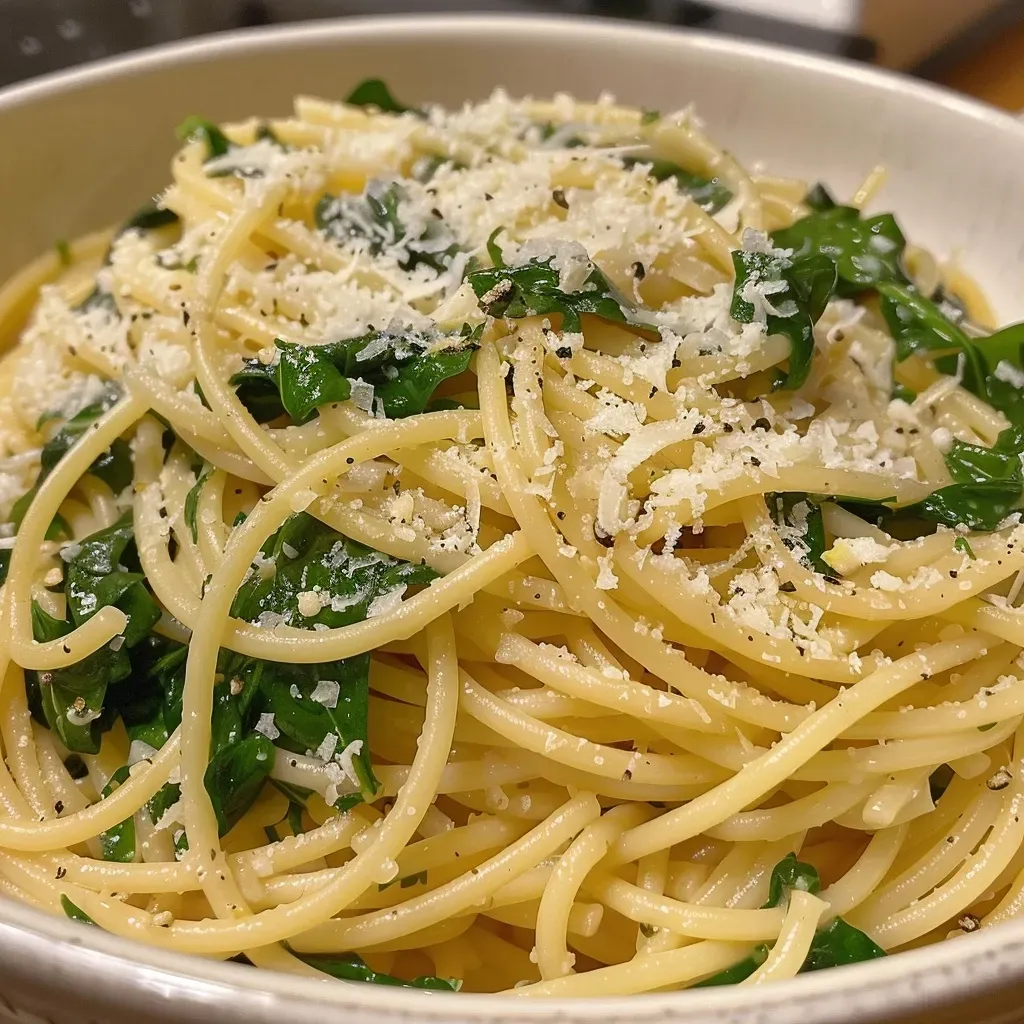 ['Pasta con espinacas y limón en un plato.', 'Detalle de un plato de espagueti con espinacas y limón.', 'Pasta larga servida con espinacas y aderezo de limón.', 'Close up de un plato de pasta con ingredientes frescos.']