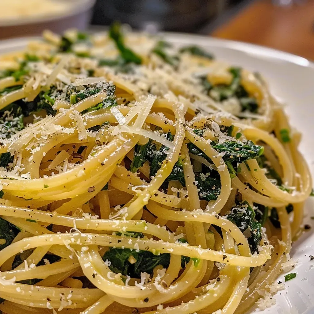 ['Pasta con espinacas y limón en un plato.', 'Detalle de un plato de espagueti con espinacas y limón.', 'Pasta larga servida con espinacas y aderezo de limón.', 'Close up de un plato de pasta con ingredientes frescos.']