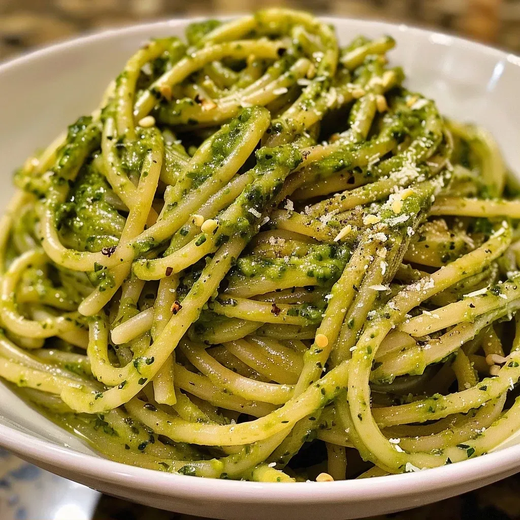 ['Pasta con pesto de aguacate cremoso en un plato.', 'Primer plano de pasta con salsa de pesto de aguacate.', 'Tazón de pasta con pesto de aguacate y albahaca fresca.', 'Porción de pasta servida con pesto de aguacate y parmesano.']