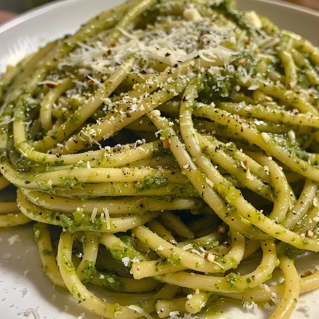 ['Pasta con pesto de aguacate cremoso en un plato.', 'Primer plano de pasta con salsa de pesto de aguacate.', 'Tazón de pasta con pesto de aguacate y albahaca fresca.', 'Porción de pasta servida con pesto de aguacate y parmesano.']