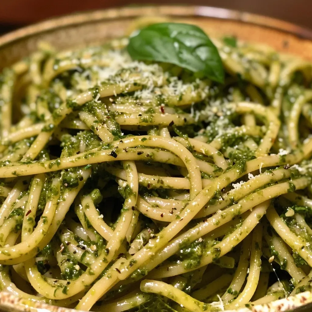 ['Pasta con pesto de perejil en primer plano.', 'Tazón de pasta con salsa de pesto de perejil.', 'Detalle de tallarines bañados en pesto de perejil.', 'Porción de pasta al pesto decorada con almendras.']