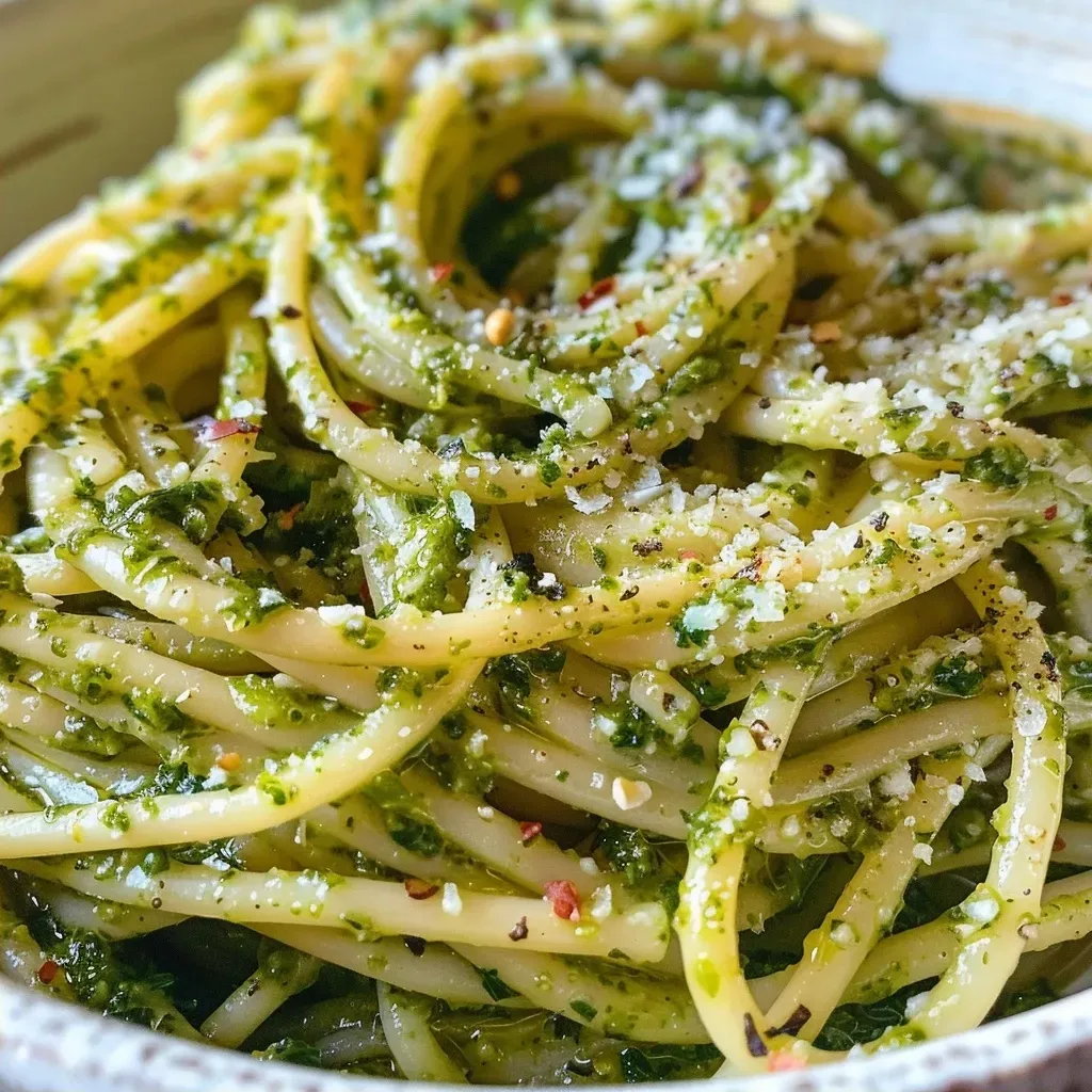 ['Pasta con pesto de perejil en primer plano.', 'Tazón de pasta con salsa de pesto de perejil.', 'Detalle de tallarines bañados en pesto de perejil.', 'Porción de pasta al pesto decorada con almendras.']