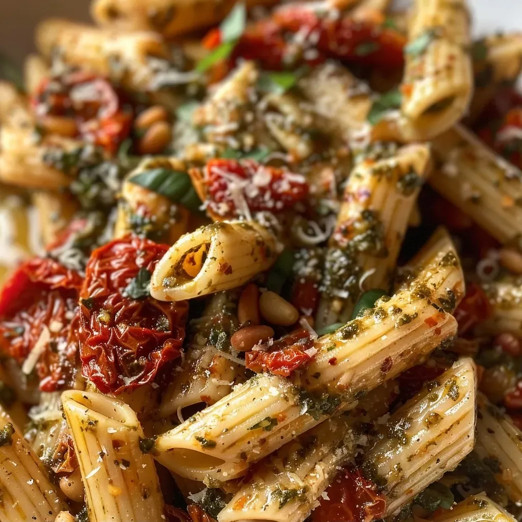 ['Placa de pasta con pesto de tomate seco y nueces.', 'Pasta con salsa de tomate seco y albahaca fresca.', 'Close up de penne con pesto de tomates secos y piñones.', 'Tazón de pasta con tomate seco y parmesano rallado.']