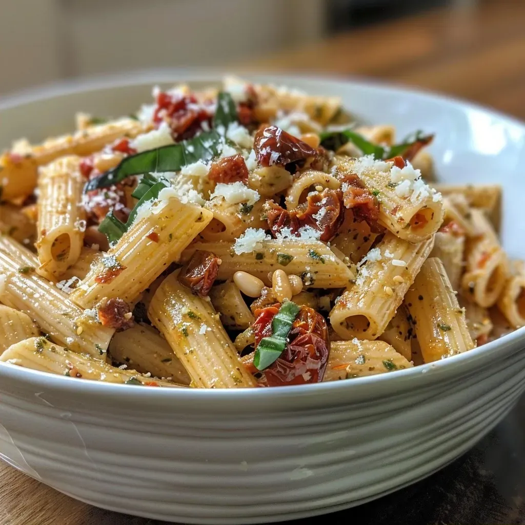 ['Placa de pasta con pesto de tomate seco y nueces.', 'Pasta con salsa de tomate seco y albahaca fresca.', 'Close up de penne con pesto de tomates secos y piñones.', 'Tazón de pasta con tomate seco y parmesano rallado.']