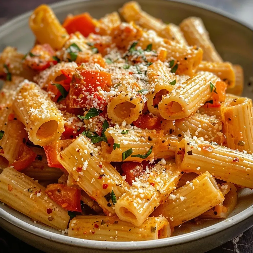 ['Pasta con pimientos asados en un plato.', 'Close up de rigatoni con salsa de pimientos rojos.', 'Tazón de pasta con pimientos asados y queso parmesano.', 'Pasta deliciosa con pimientos asados y albahaca fresca.']