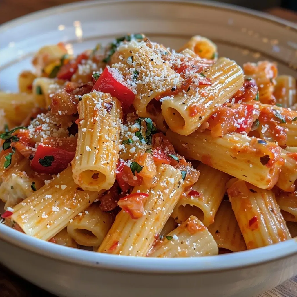 ['Pasta con pimientos asados en un plato.', 'Close up de rigatoni con salsa de pimientos rojos.', 'Tazón de pasta con pimientos asados y queso parmesano.', 'Pasta deliciosa con pimientos asados y albahaca fresca.']