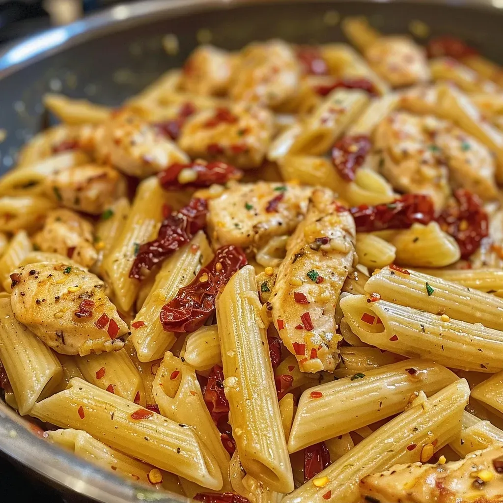 ['Pasta con pollo y tomates secos, vista lateral.', 'Primer plano de pasta con pollo y mozzarella.', 'Plato de pasta con ingredientes frescos.', 'Pasta con pollo y tomates secos, lista para servir.']