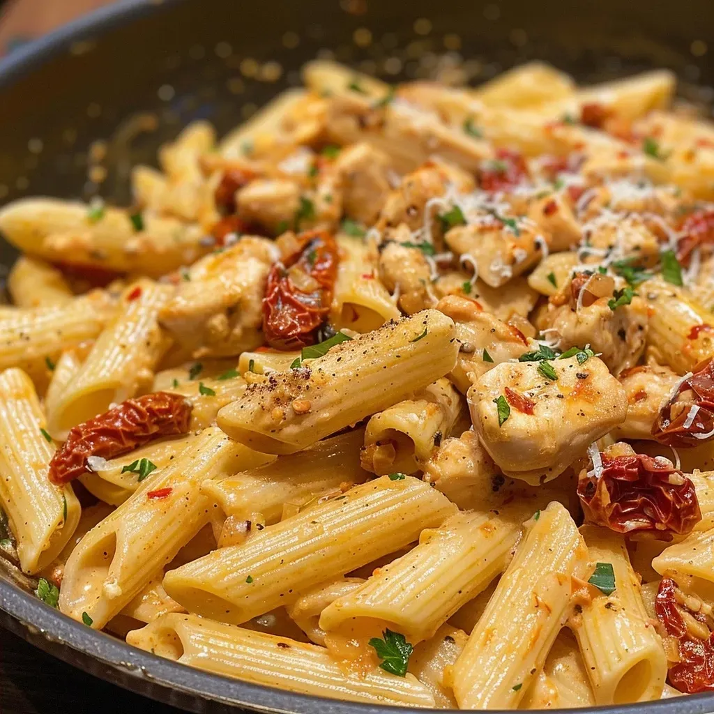 ['Pasta con pollo y tomates secos, vista lateral.', 'Primer plano de pasta con pollo y mozzarella.', 'Plato de pasta con ingredientes frescos.', 'Pasta con pollo y tomates secos, lista para servir.']
