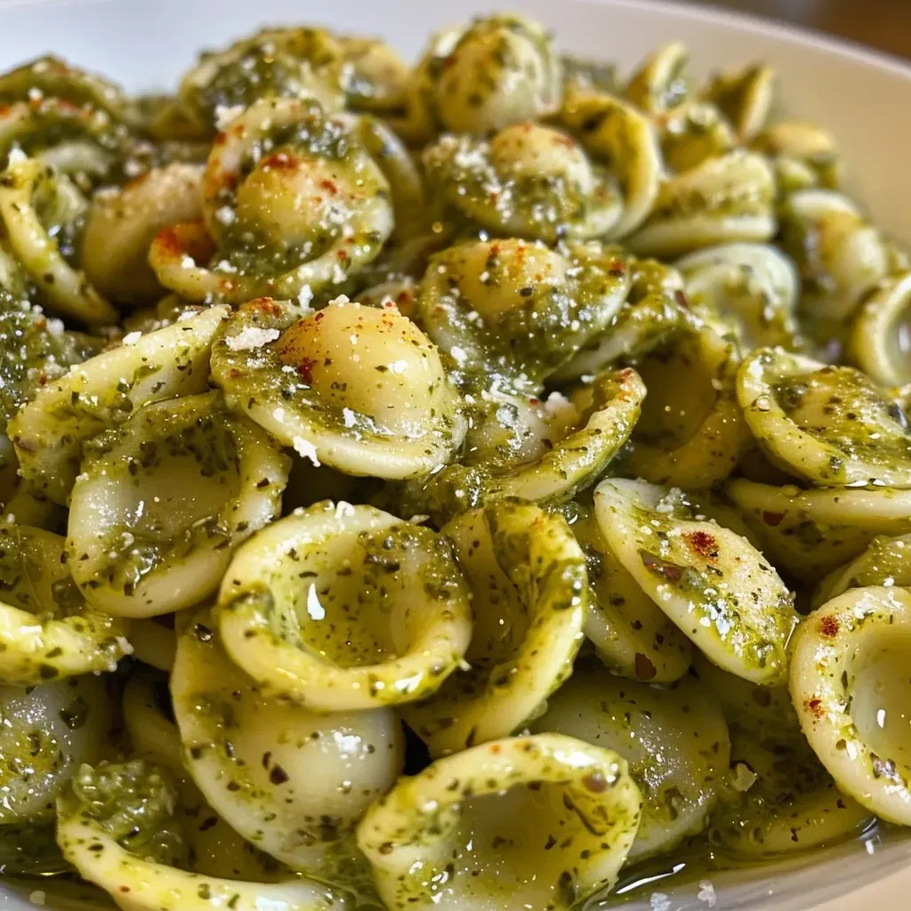 ['Pasta orecchiette con pesto y queso cottage en un plato.', 'Primer plano de pasta cremosa con pesto y queso cottage.', 'Orecchiette con salsa pesto y trozos de queso cottage.', 'Pasta con pesto, queso cottage y decoración de albahaca.']