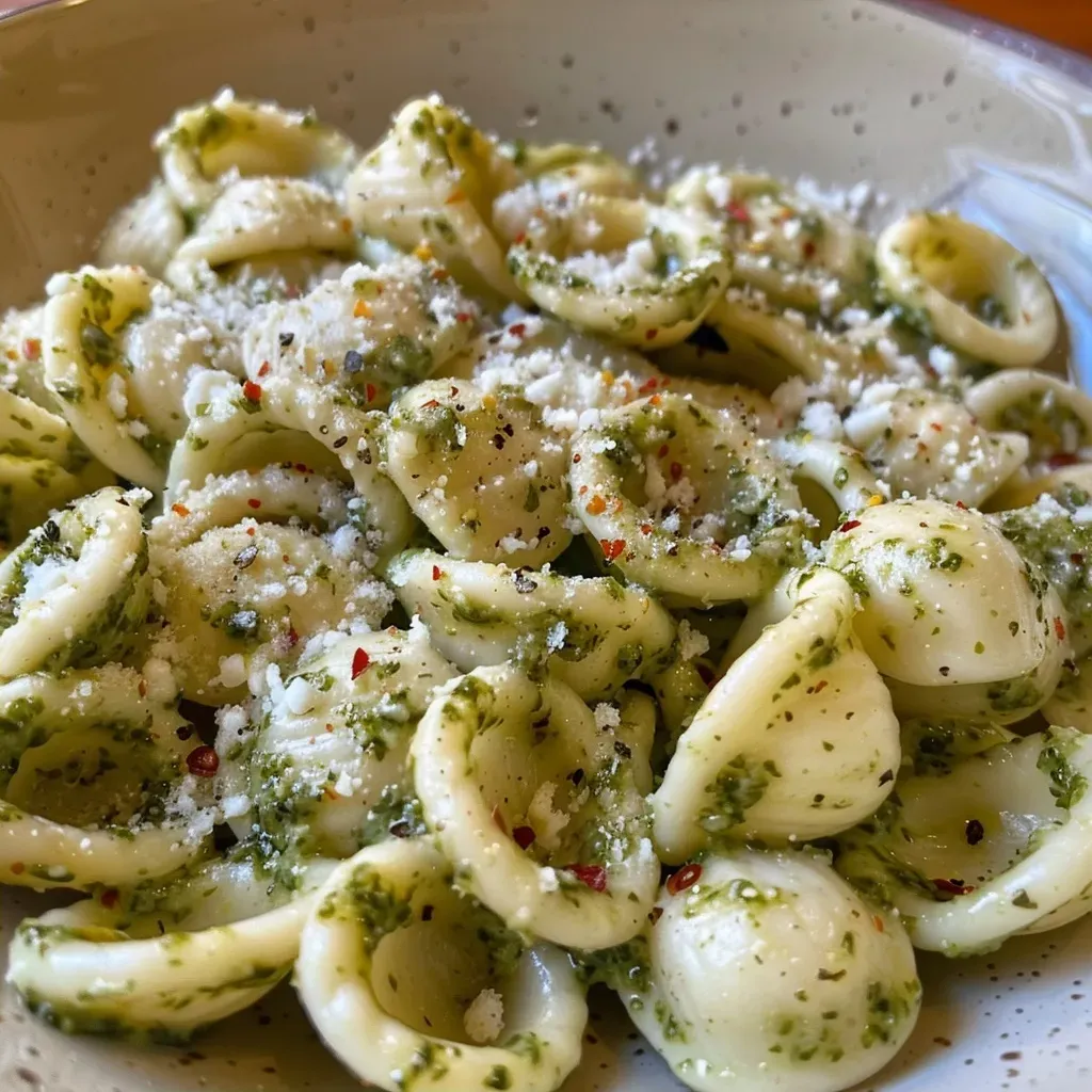 ['Pasta orecchiette con pesto y queso cottage en un plato.', 'Primer plano de pasta cremosa con pesto y queso cottage.', 'Orecchiette con salsa pesto y trozos de queso cottage.', 'Pasta con pesto, queso cottage y decoración de albahaca.']