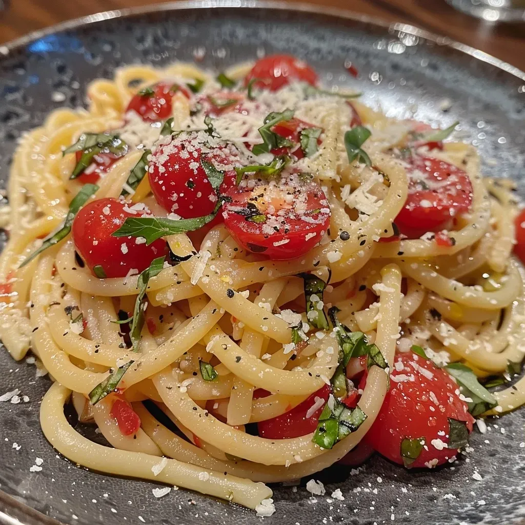['Plato de pasta con tomate cherry y arúgula.', 'Espaguetis con tomates cherry y hojas de arúgula.', 'Primer plano de pasta fresca con tomates y arúgula.', 'Pasta servida con tomate cherry y espinaca.']