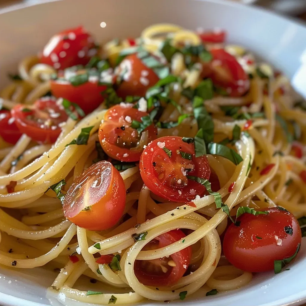 ['Plato de pasta con tomate cherry y arúgula.', 'Espaguetis con tomates cherry y hojas de arúgula.', 'Primer plano de pasta fresca con tomates y arúgula.', 'Pasta servida con tomate cherry y espinaca.']