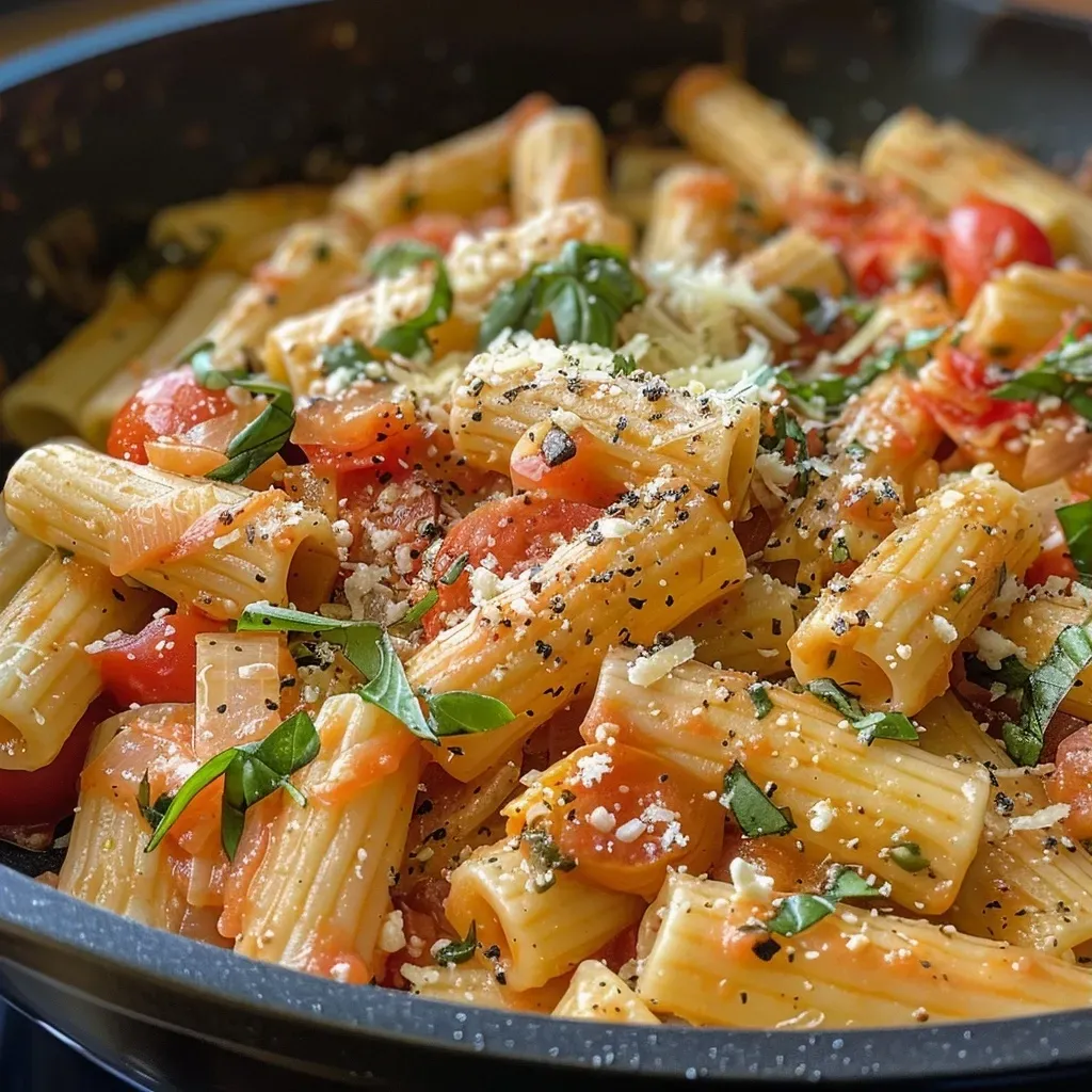 ['Pasta con tomate y queso de cabra en un plato.', 'Primer plano de pasta con salsa de tomate y queso de cabra.', 'Tazón de pasta con ingredientes frescos y queso de cabra.', 'Porción de pasta con tomates y hierbas en un fondo claro.']