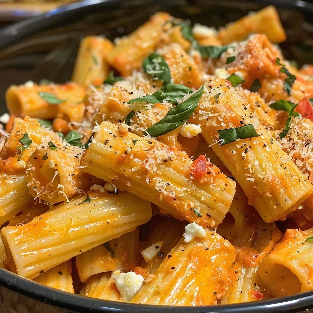 Pasta con tomate y queso de cabra en un plato.