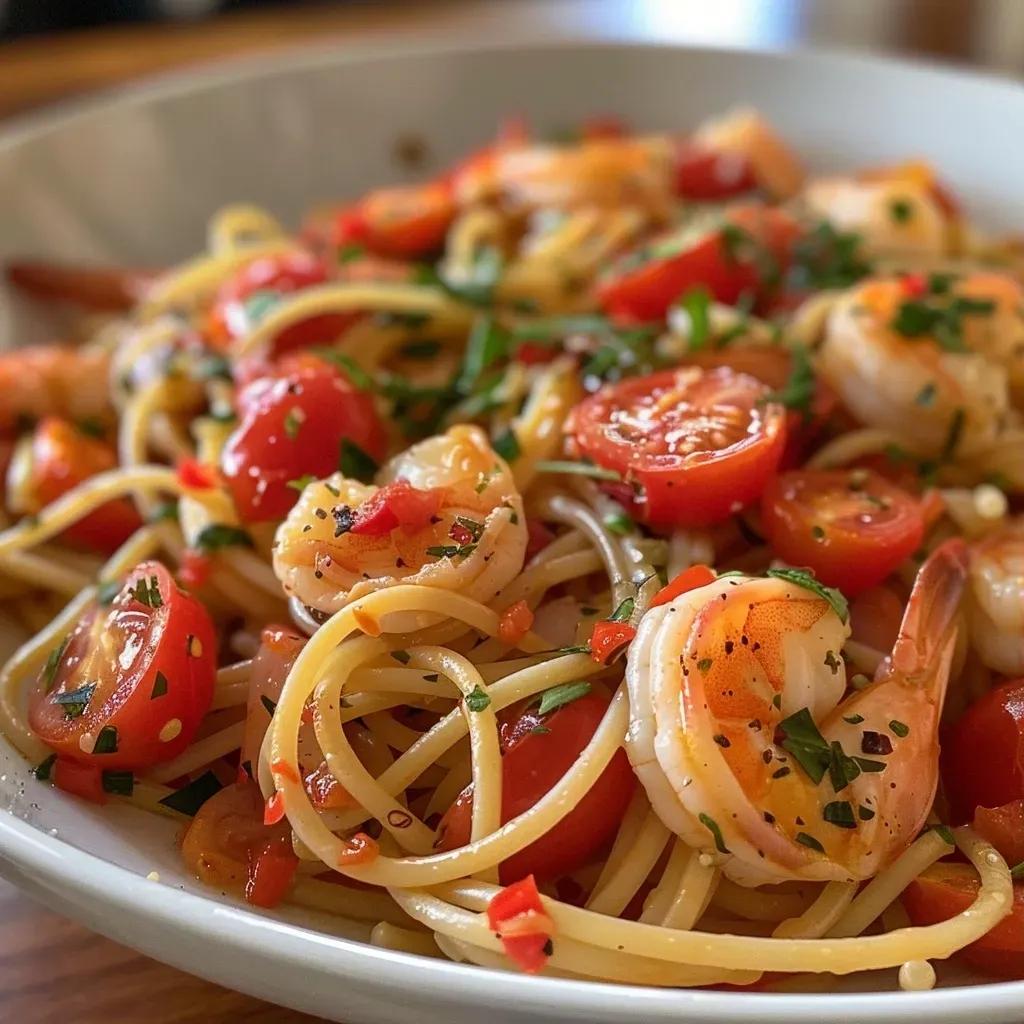 ['Pasta con camarones y tomates cherry en un plato, vista lateral.', 'Primer plano de espaguetis con camarones y tomates cherry.', 'Pasta sin lácteos con camarones y tomates cherry en un color vibrante.', 'Tazón de pasta con camarones y tomates cherry, capturado con un iPhone.']