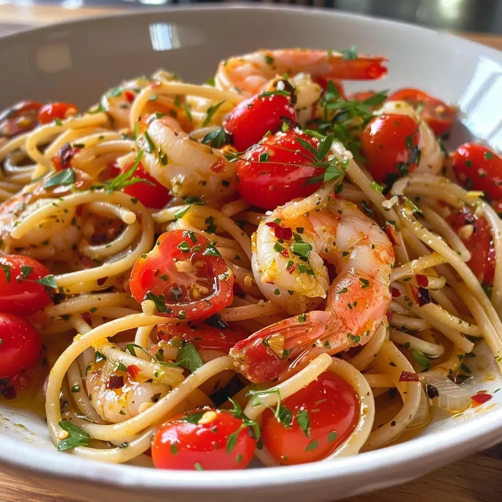 ['Pasta con camarones y tomates cherry en un plato, vista lateral.', 'Primer plano de espaguetis con camarones y tomates cherry.', 'Pasta sin lácteos con camarones y tomates cherry en un color vibrante.', 'Tazón de pasta con camarones y tomates cherry, capturado con un iPhone.']