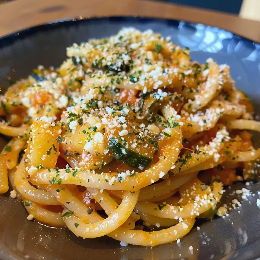 ['Pasta cremosa con calabacita al ajo en un plato.', 'Primer plano de espagueti con calabacita y salsa cremosa.', 'Tazón de pasta cremosa con calabacita y ajos picados.', 'Espagueti con calabacita y crema en una mesa.']