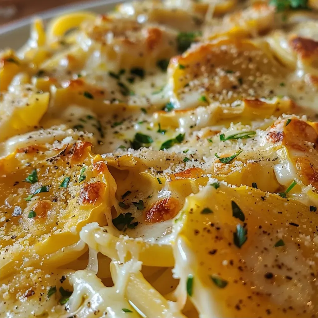 ['Pasta cremosa con calabacita al ajo en un plato.', 'Primer plano de espagueti con calabacita y salsa cremosa.', 'Tazón de pasta cremosa con calabacita y ajos picados.', 'Espagueti con calabacita y crema en una mesa.']