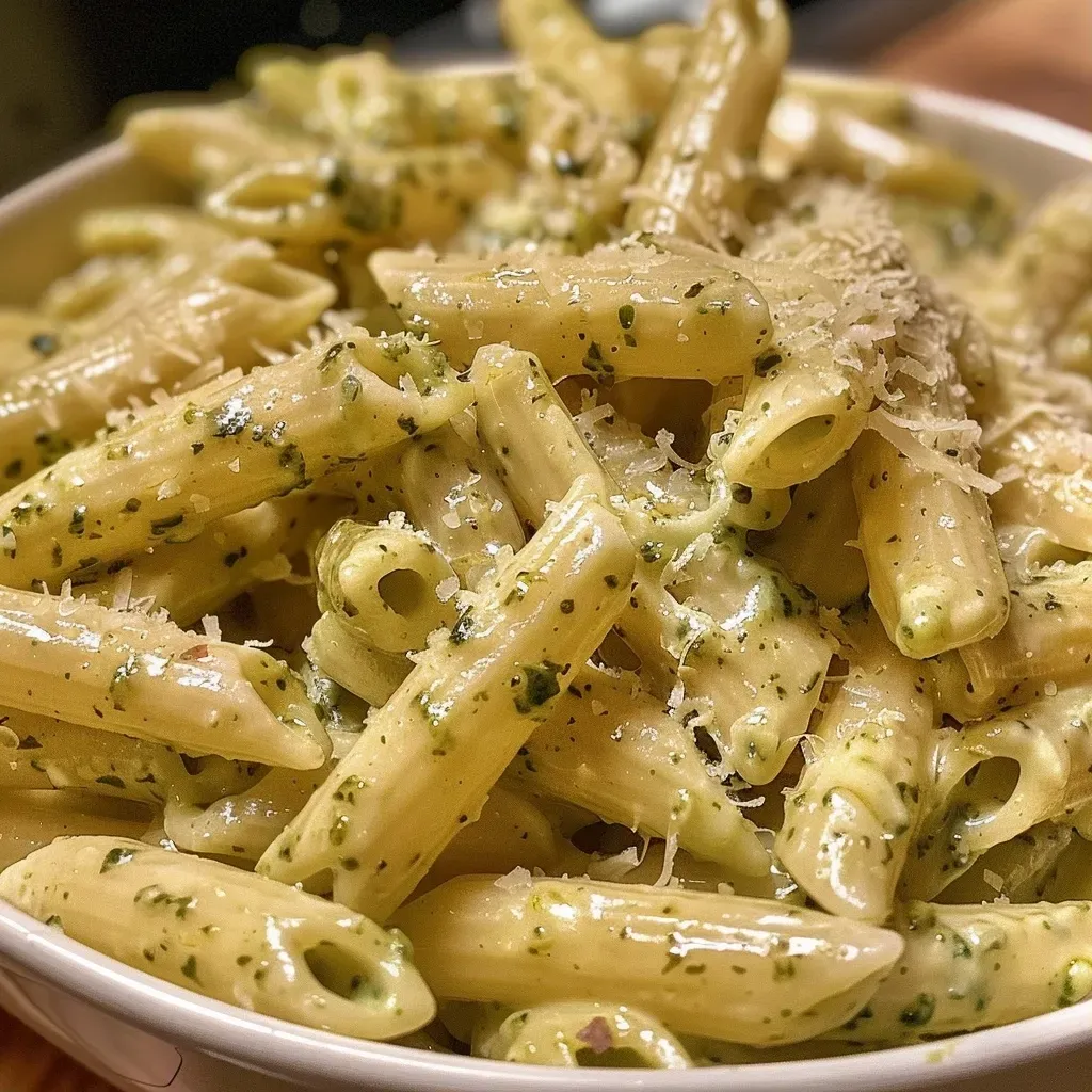 ['Pasta cremosa con pesto en un plato, con ingredientes frescos al fondo.', 'Primer plano de pasta penne bañada en salsa pesto cremosa.', 'Porción de pasta con pesto, decorada con queso parmesano rallado.', 'Pasta con pesto presentada en un plato, lista para disfrutar.']