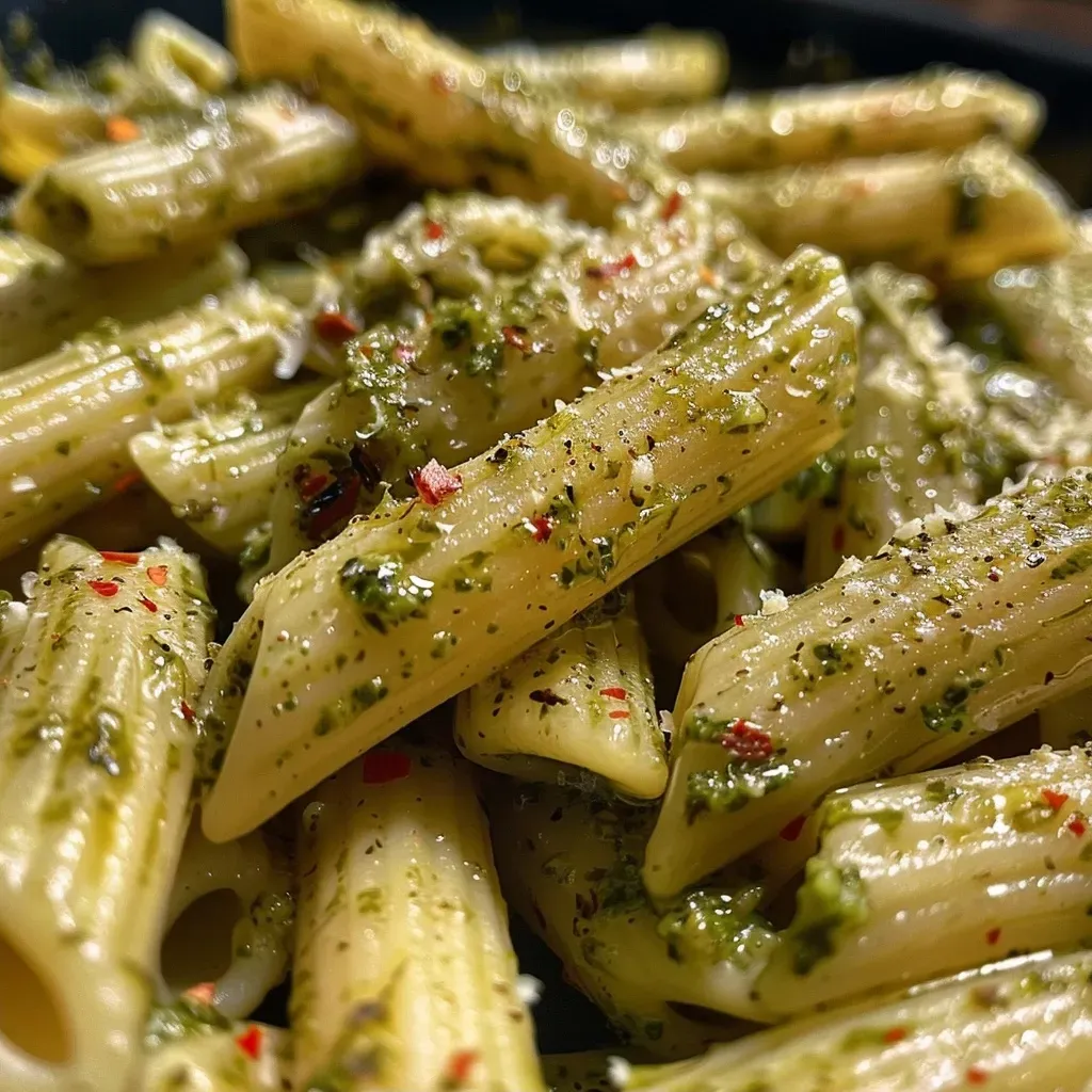 ['Pasta cremosa con pesto en un plato, con ingredientes frescos al fondo.', 'Primer plano de pasta penne bañada en salsa pesto cremosa.', 'Porción de pasta con pesto, decorada con queso parmesano rallado.', 'Pasta con pesto presentada en un plato, lista para disfrutar.']