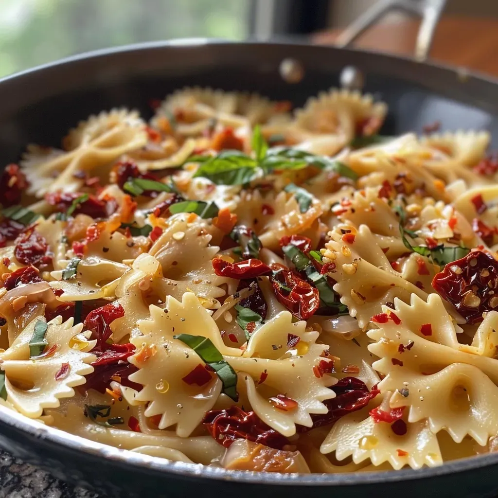 ['Platos de pasta cremosa con tomates secos.', 'Close up de pasta con salsa cremosa y tomates secos.', 'Farfalle en salsa de tomate seco y ajo.', 'Pasta con ingredientes frescos y especias.']