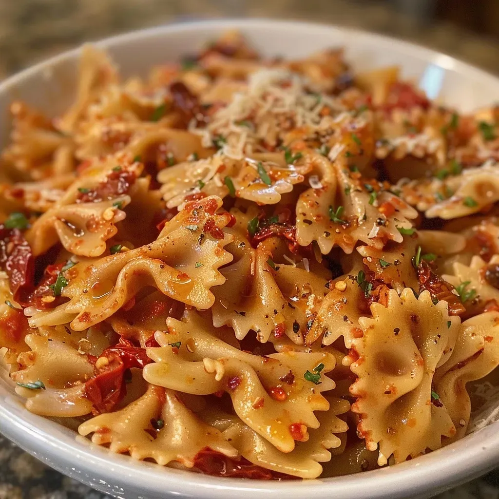 ['Platos de pasta cremosa con tomates secos.', 'Close up de pasta con salsa cremosa y tomates secos.', 'Farfalle en salsa de tomate seco y ajo.', 'Pasta con ingredientes frescos y especias.']
