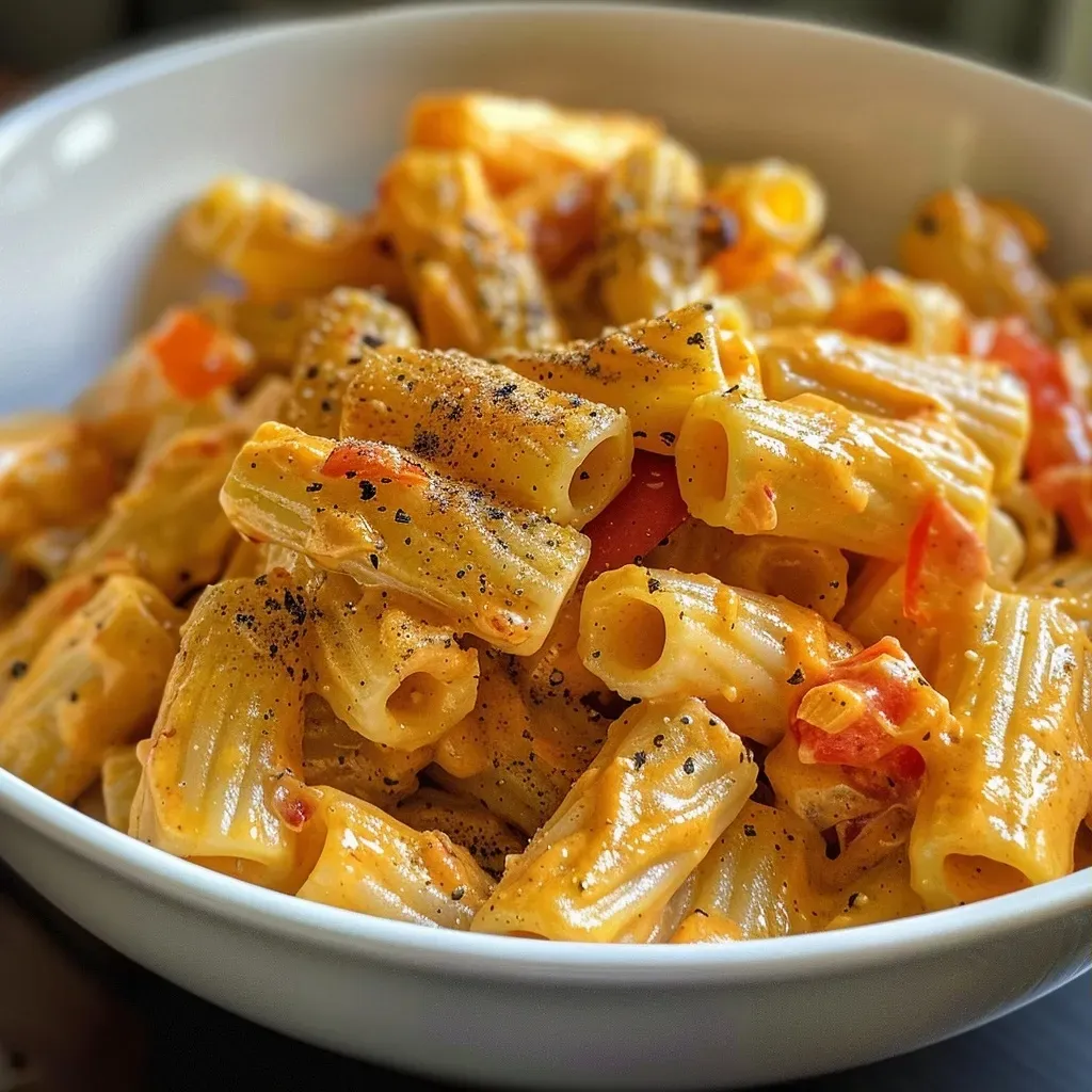 ['Pasta cremosa de calabaza con pimientos rojos y queso.', 'Primer plano de un plato de pasta con puré de calabaza.', 'Pasta deliciosa con salsa cremosa de calabaza y verduras.', 'Porción de pasta con salsa de calabaza y parmesano.']
