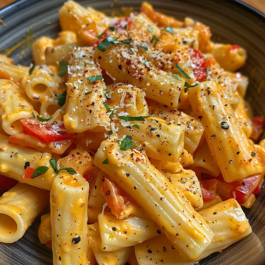 ['Pasta cremosa de calabaza con pimientos rojos y queso.', 'Primer plano de un plato de pasta con puré de calabaza.', 'Pasta deliciosa con salsa cremosa de calabaza y verduras.', 'Porción de pasta con salsa de calabaza y parmesano.']