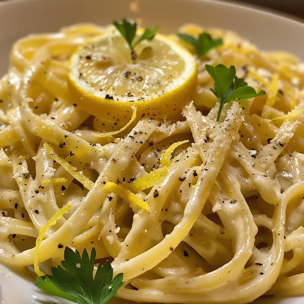 ['Pasta cremosa de limón con decoración de pimienta negra.', 'Placa de pasta fresca con salsa de limón y queso parmesano.', 'Primer plano de pasta con crema de limón y especias.', 'Pasta servida en un plato con limón y pimienta negra.']