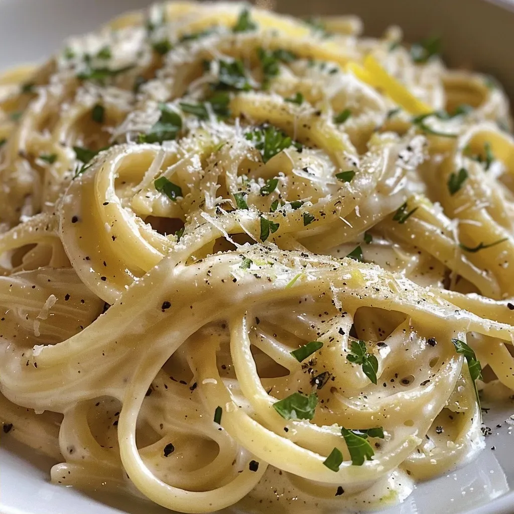 ['Pasta cremosa de limón con decoración de pimienta negra.', 'Placa de pasta fresca con salsa de limón y queso parmesano.', 'Primer plano de pasta con crema de limón y especias.', 'Pasta servida en un plato con limón y pimienta negra.']
