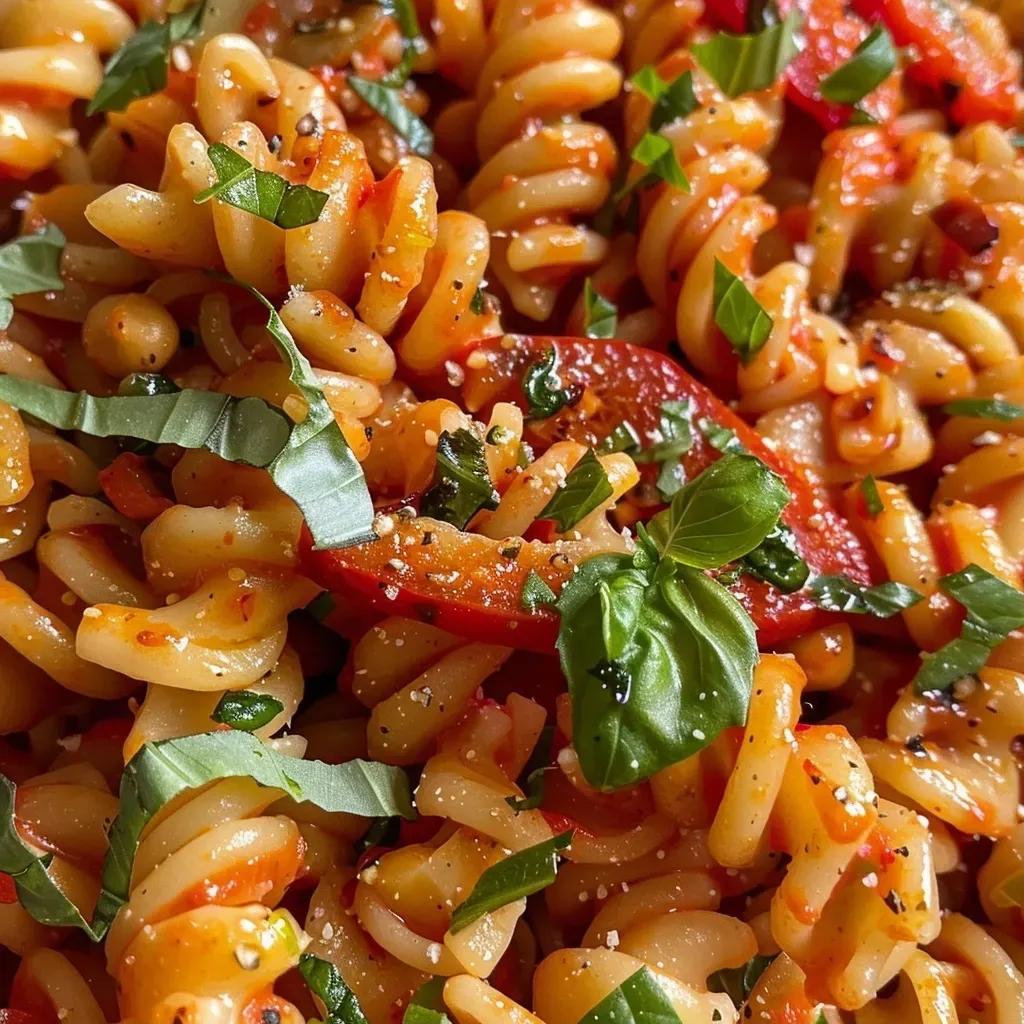 ['Pasta cremosa de pimientos rojos asados servida en un plato.', 'Primer plano de un plato de pasta de garbanzos con salsa de pimientos rojos.', 'Pasta con salsa cremosa de pimientos rojos, decorada con albahaca fresca.', 'Pasta cremosa de pimientos rojos, con ingredientes visibles como queso parmesano y ajo.']