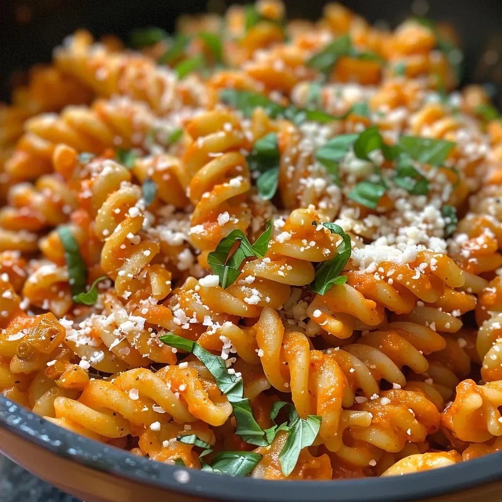 ['Pasta cremosa de pimientos rojos asados servida en un plato.', 'Primer plano de un plato de pasta de garbanzos con salsa de pimientos rojos.', 'Pasta con salsa cremosa de pimientos rojos, decorada con albahaca fresca.', 'Pasta cremosa de pimientos rojos, con ingredientes visibles como queso parmesano y ajo.']