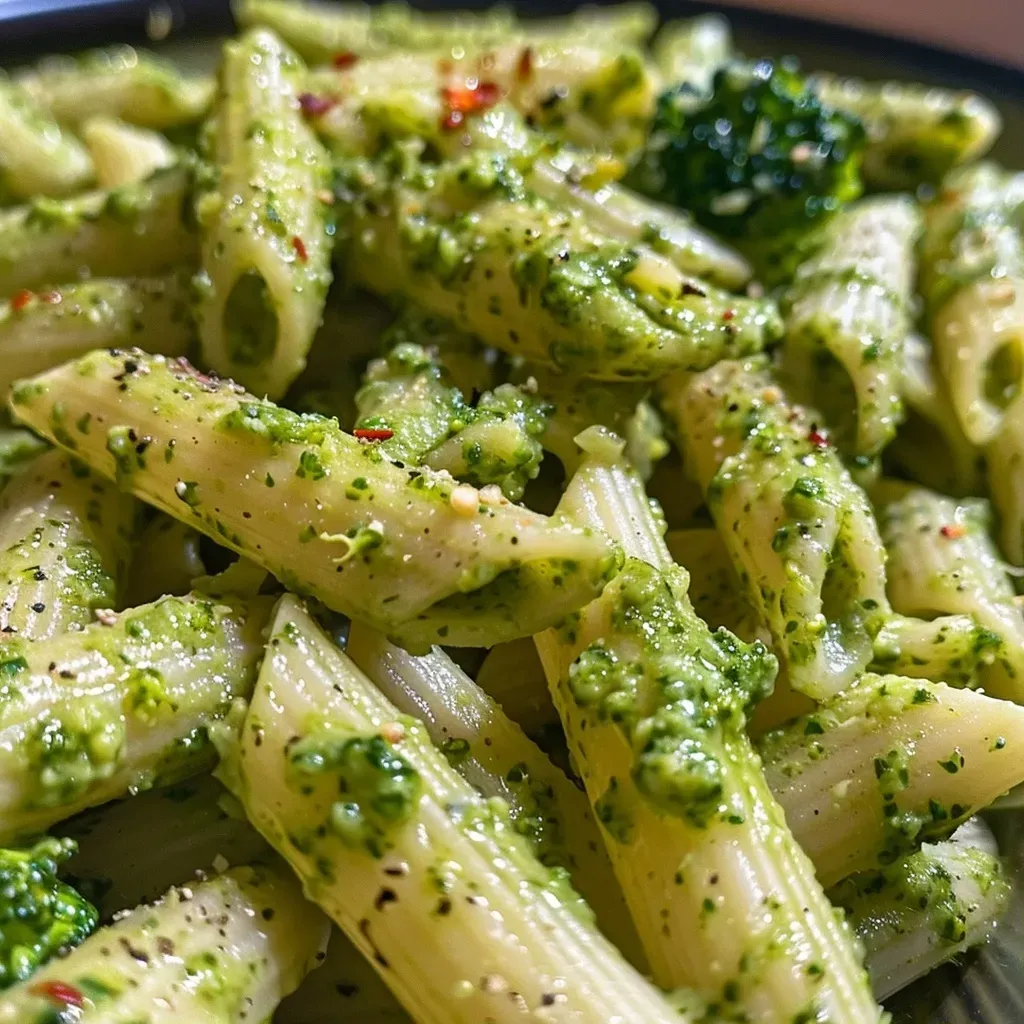 ['Pasta de cilantro con brócoli en un plato.', 'Close up de penne con pesto de cilantro y brócoli.', 'Porción de pasta de cilantro adornada con chili.', 'Placa de pasta sin gluten con brócoli y salsa verde.']