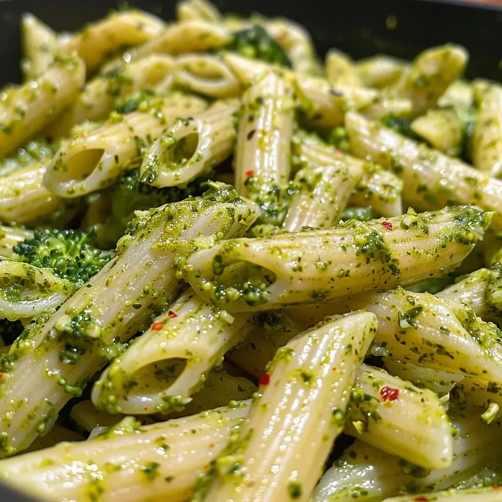 ['Pasta de cilantro con brócoli en un plato.', 'Close up de penne con pesto de cilantro y brócoli.', 'Porción de pasta de cilantro adornada con chili.', 'Placa de pasta sin gluten con brócoli y salsa verde.']
