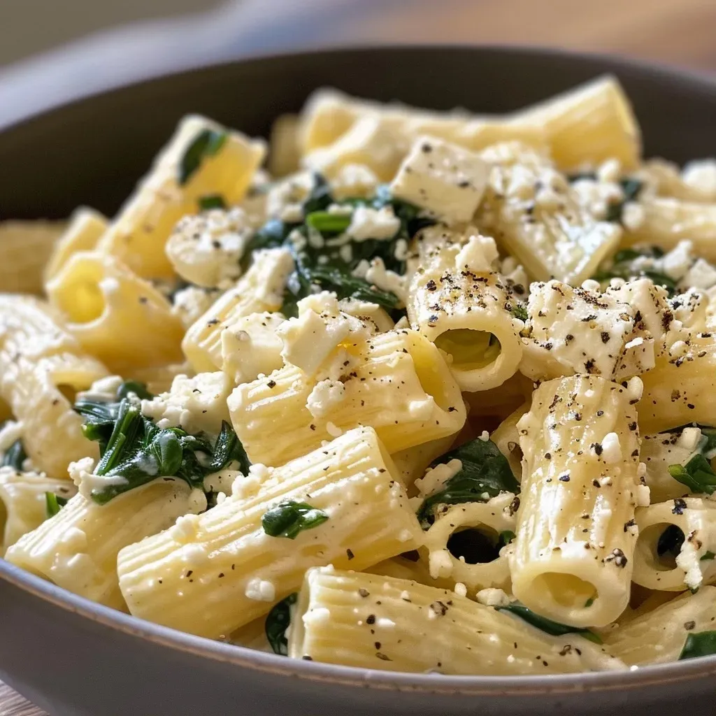 ['Pasta con espinacas y feta en un plato.', 'Tazón de pasta cremosa con espinacas y queso feta.', 'Primera plana de pasta de espinacas y feta lista para servir.', 'Porción de pasta con espinacas y feta con un toque de limón.']