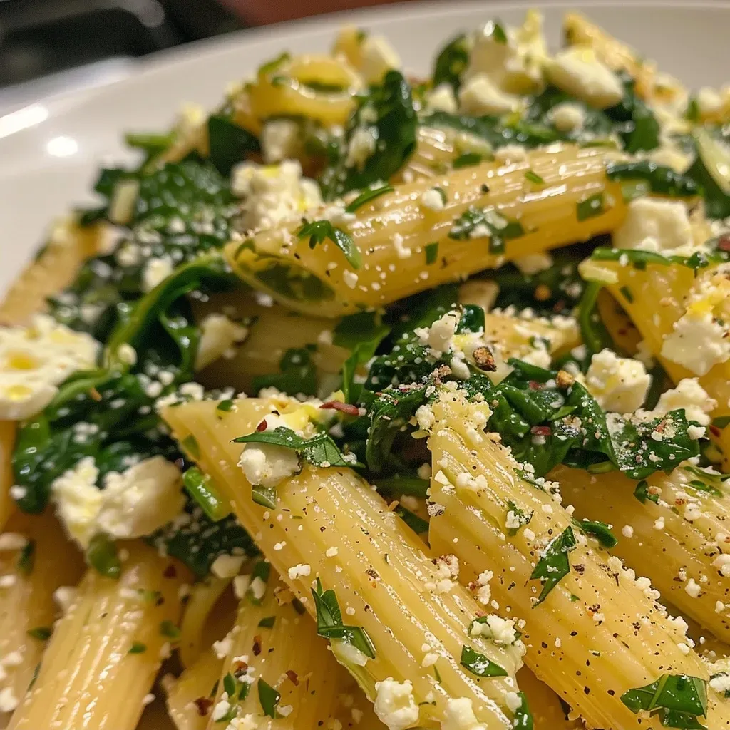 Pasta con espinacas y feta en un plato.