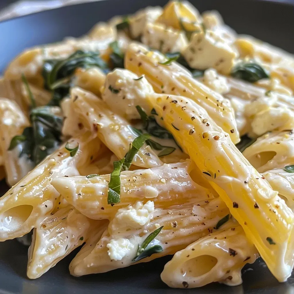['Placa de penne con salsa de queso de cabra y limón, decorada con espinacas.', 'Pasta penne en primer plano, bañada en salsa de limón y queso de cabra.', 'Tazón de pasta penne con salsa de queso de cabra, adornado con romero fresco.', 'Plato de penne con salsa cremosa de limón y espinacas, visto lateralmente.']