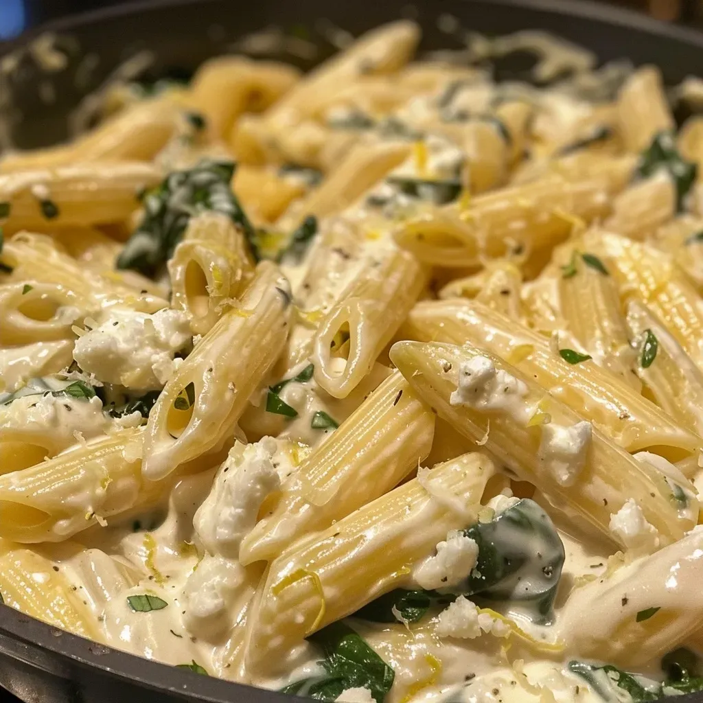 ['Placa de penne con salsa de queso de cabra y limón, decorada con espinacas.', 'Pasta penne en primer plano, bañada en salsa de limón y queso de cabra.', 'Tazón de pasta penne con salsa de queso de cabra, adornado con romero fresco.', 'Plato de penne con salsa cremosa de limón y espinacas, visto lateralmente.']