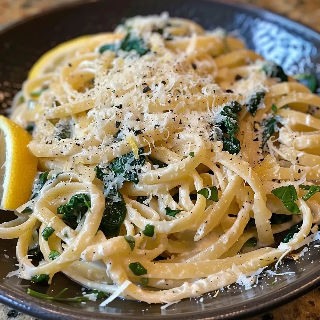 ['Pasta de ricotta con limón y espinacas en un plato.', 'Porción de pasta con salsa de ricotta, espinacas y limón.', 'Close up de pasta de ricotta, acompañada de espinacas frescas.', 'Pasta con ricotta y limón, decorada con hojas de espinaca.']