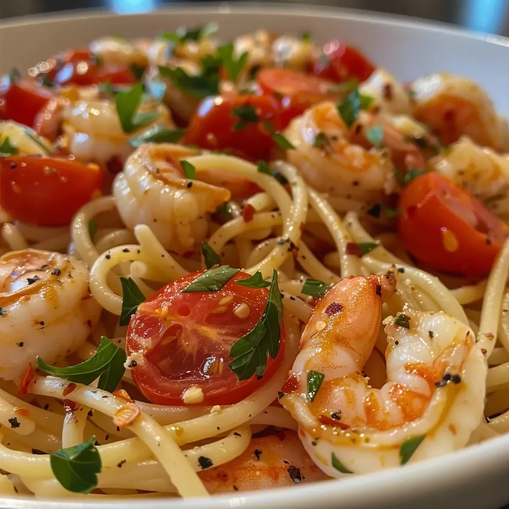 ['Pasta con camarones y tomates cherry en un plato.', 'Detalle de pasta con camarones y tomates cherry.', 'Primer plano de un plato de pasta con camarones y tomates.', 'Pasta de tomate cherry y camarones servida con perejil.']